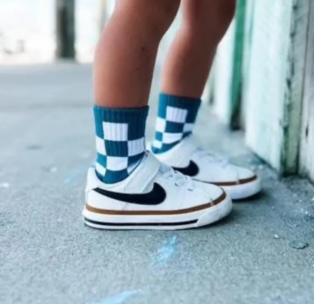 Kickin It Up Socks - All-Over Checks in Teal and White